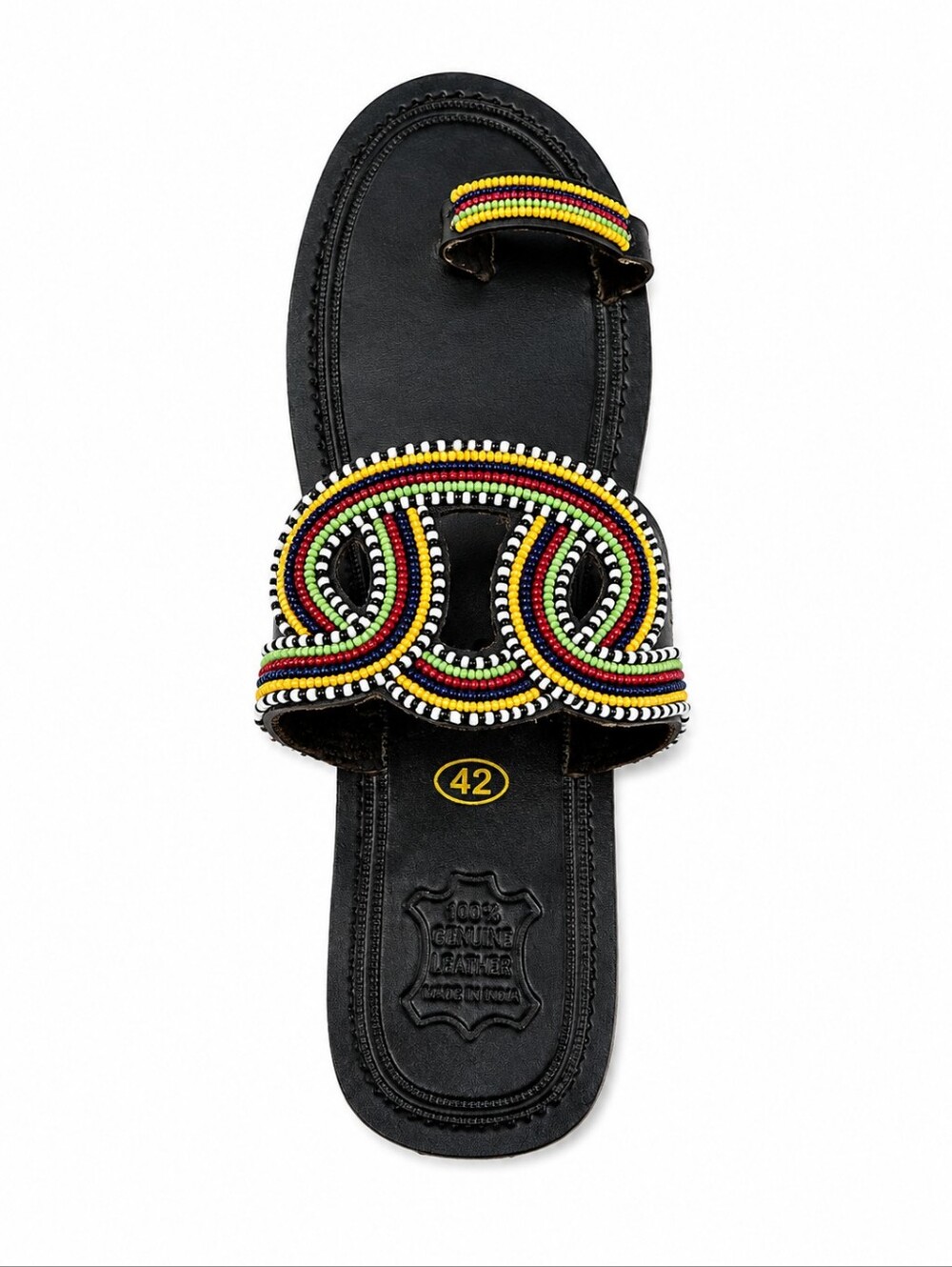 African Maasai Beaded Black Leather Sandals with Multicolor Beadwork Size 11